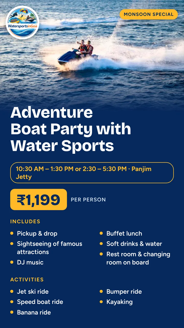 Adventure Boat Party with Water Sports package poster with price, timings and inclusions