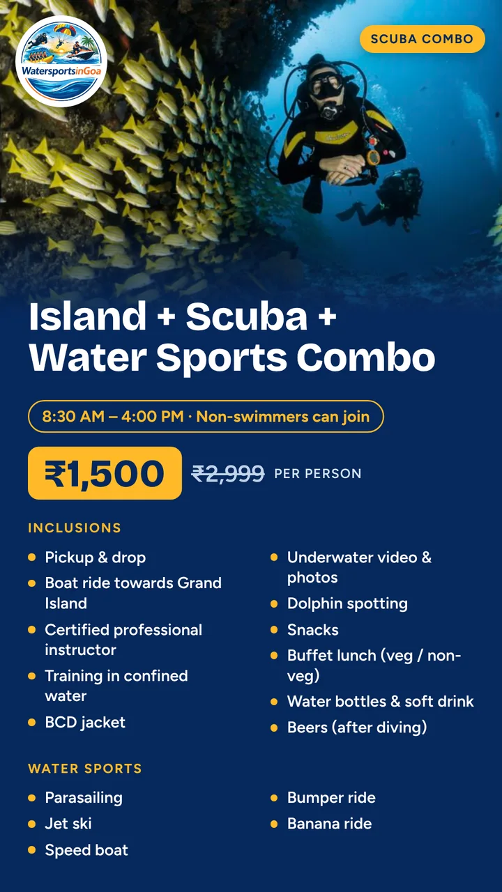 Island + Scuba + Water Sports Combo package poster with price, timings and inclusions