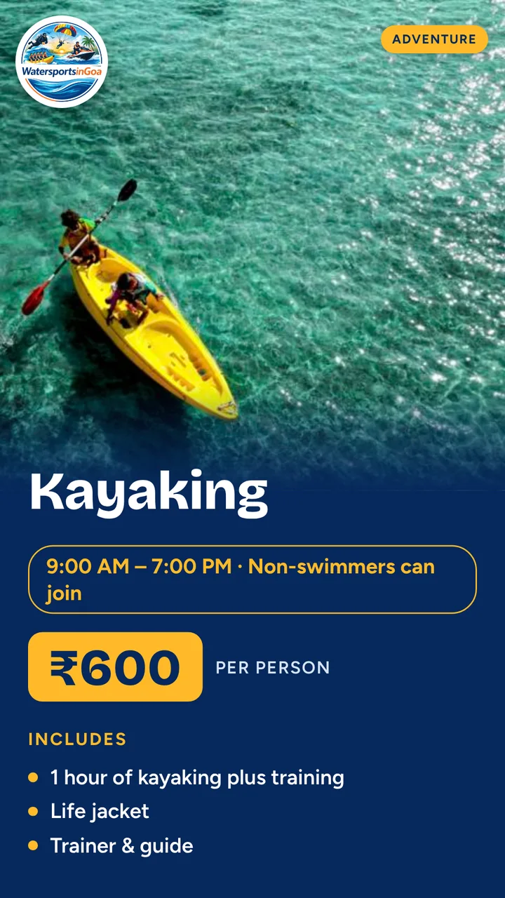 Kayaking package poster with price, timings and inclusions
