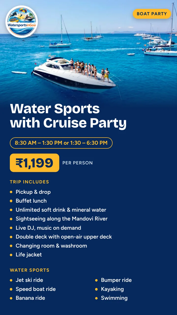 Water Sports with Cruise Party package poster with price, timings and inclusions
